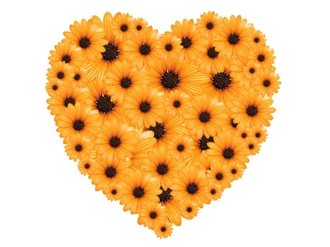 Heart made of yellow flowers on white background