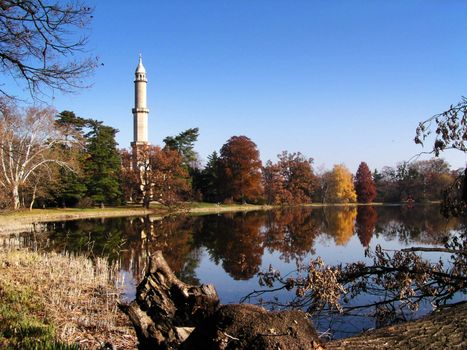 Minaret close to the lake in Valtice (Czech Republic)