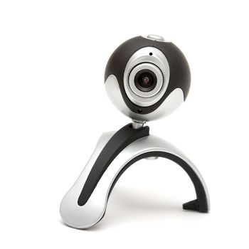 Webcam isolated on white, pointed at the viewer