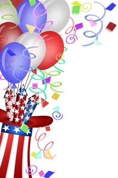 Uncle Sam Hat with Red White Blue Fireworks and Balloons Illustration