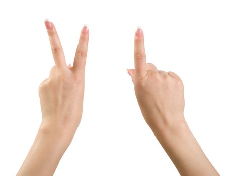Female hands showing the victory sign and index finger, isolated on a white background.