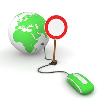 green computer mouse is connected to a green globe - surfing and browsing is blocked by a red-white no passing sign that cuts the cable