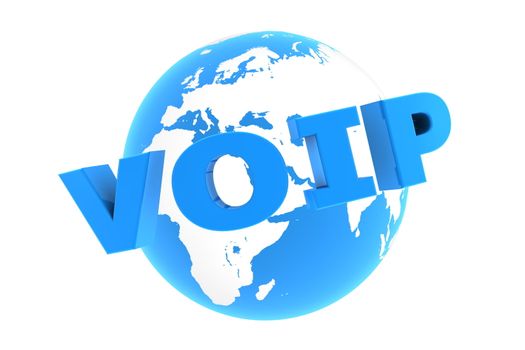 blue glossy word VoIP is bent in front of a blue glossy globe