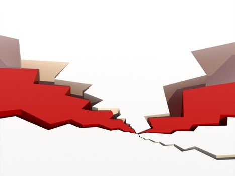 White, cracked surface with red fillings. High quality render of 5 surface cracks. Conceptual for disturbance, problems, or disruption.