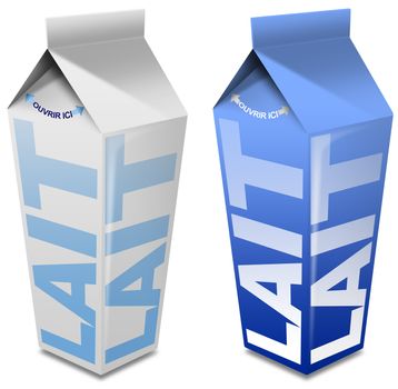 2 white and blue packaging of milk with milk written in french