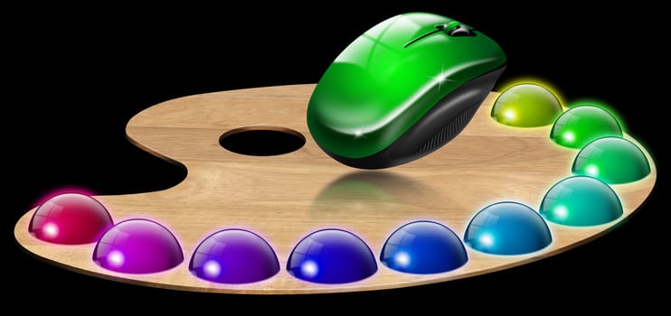 Illustration with a painter's palette of wood with multicolored balls and green mouse on black background