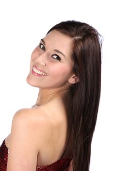 Lovely brunette smiling woman with long hair