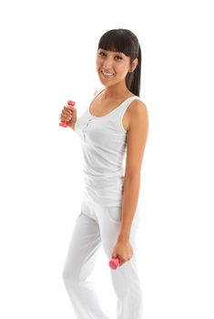 A beautiful attractive girl exercising using 0.5kg hand weights.  She is wearing white sportswear and smiling.  White background.

