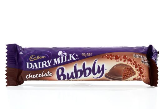 Cadbury Dairy Milk Bubbly chocolate bar  40g (892kj)   Milk chocolate with an aerated chocolate centre.  White background.  Editorial Use only.