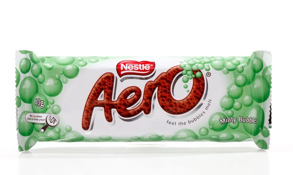 Nestle Aero bar minty bubbles covered in milk chocolate. 40g (453kj)  White background.  Editorial Use only.