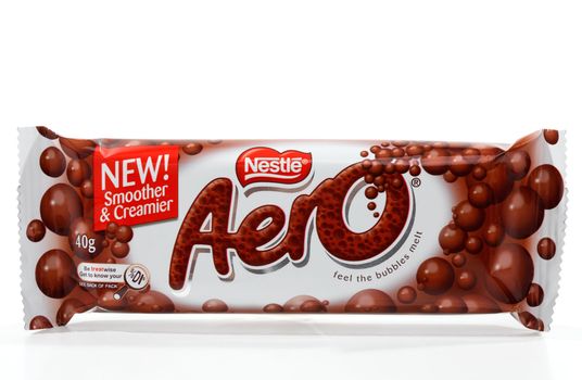 Nestle Aero chocolate bar, a light and bubbly chocolate bar 40g ((450kj)  that was developed by Rowntree and now owned by Nestle. Sold throughout the world  White background.  Editorial use only.
