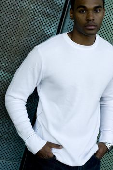 Attractive young African American male playing posing in a white t-shirt and jeans against a mesh green wall.