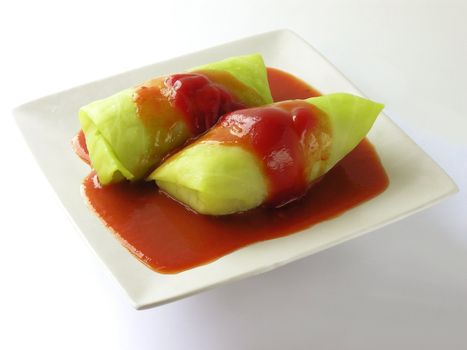 stuffed cabbage leaves with ketchup