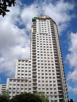 View of the Madrid Tower located on the Spain Square in Madrid