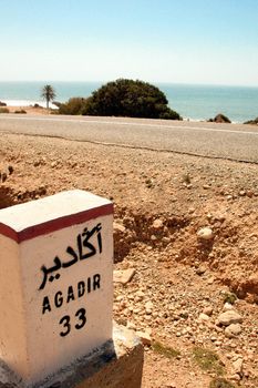 Sign road on the way to Agadir at 33 km in Morocco
