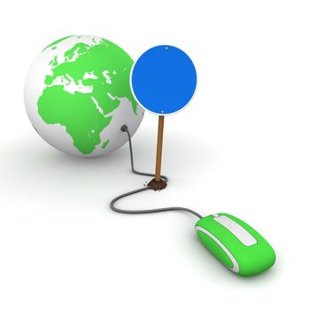 red computer mouse is connected to a green globe - surfing and browsing is blocked by a blue round mandatory-sign - empty template
