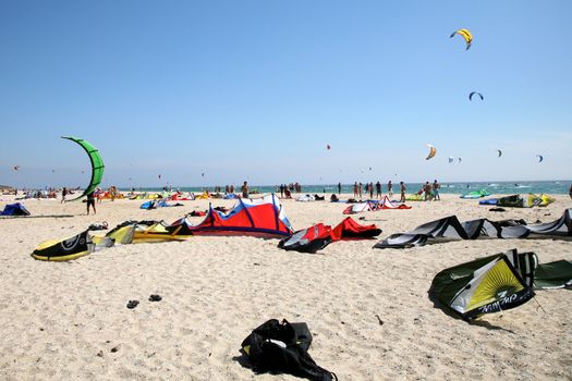 KiteSurf community and equipment on the beach of Tarifa in Spain