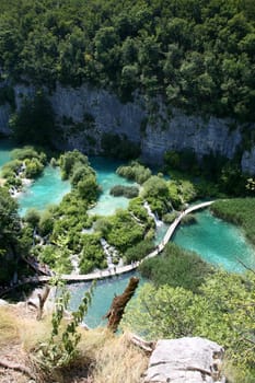 Aerial view of a lake in Plitvice, in the Plitvice Lakes municipality - mountainous region of Lika.