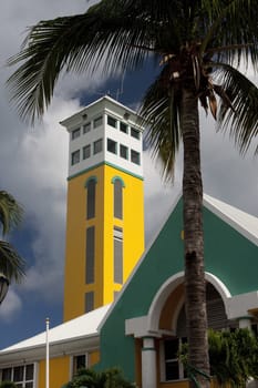 Tall tower painted yellow in Nassau, Bahamas