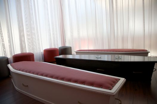 coffin in a smoking room