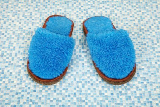 A pair of soft blue slippers on the floor