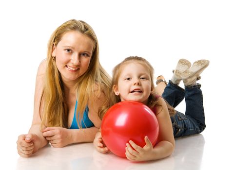 Mother holding five years daughter isolated on white