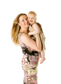 Happy Mother holding one year boy isolated on white