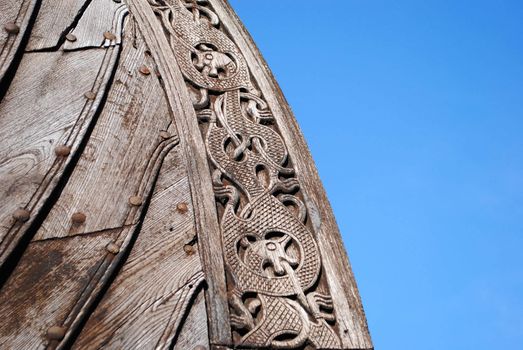 The Oseberg ship (Norwegian: Osebergskipet) is a Viking ship discovered in a large burial mound at the Oseberg farm near Tønsberg in Vestfold county, Norway. This replica is placed outside of Vestfold county museum.