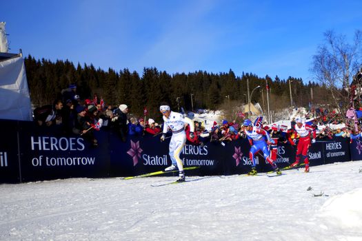 FIS Nordic World Ski Championship 50km. Marcus Hellner, Ilja Tsjernousov and Petter Northug jr, March 06 in Holmenkollen, Oslo, Norway