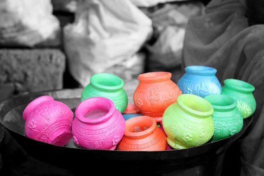 Colorful clay pots for the traditional festival of colors - Holi.