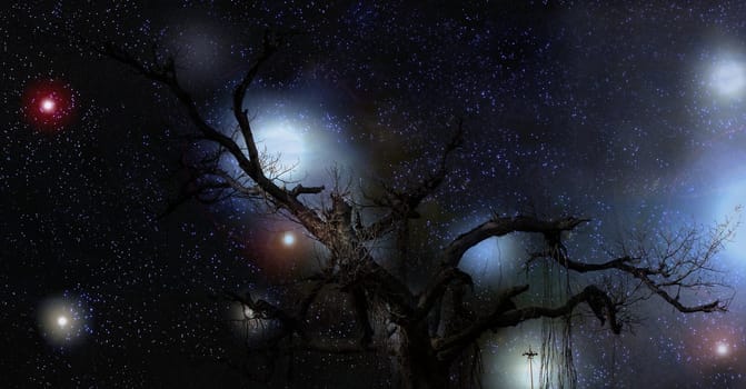 A mysterious banyan tree with a backdrop of the stars and planets at night.