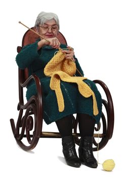Image of an old woman sitting on a rocker and knitting, isolated against a white background.
