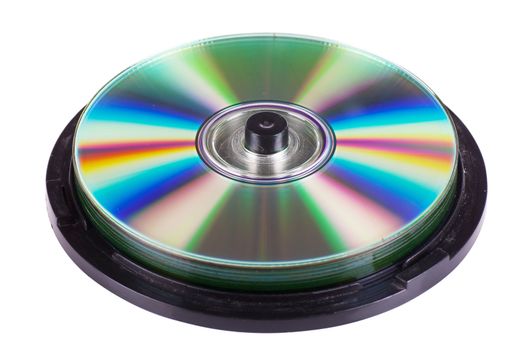 Closeup view of stack of optical disks with colorful reflections