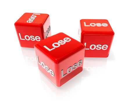 three 3D red dices with lose text on all sides