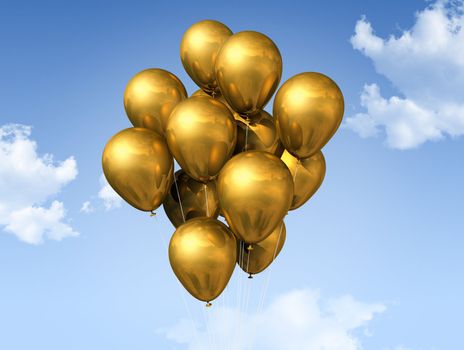 gold air balloons floating on a blue sky