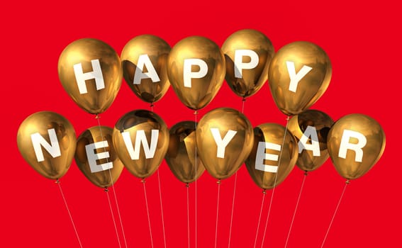 gold Happy new year balloons isolated on red