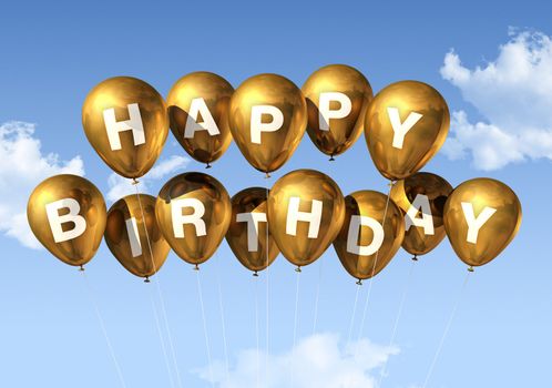 3D gold Happy Birthday balloons in the sky