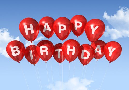 3D red Happy Birthday balloons in the sky