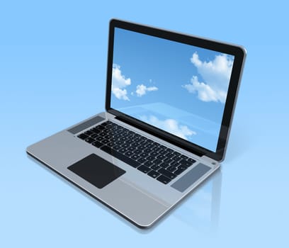 3D laptop computer with sky screen. isolated on blue with clipping path