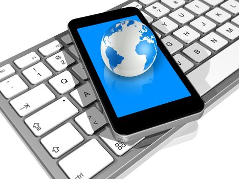 3D render of world globe on a mobile phone on a computer keyboard
