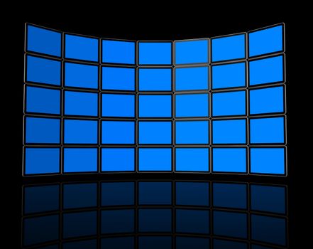 3D Wall of flat tv screens, isolated on black. With 2 clipping paths : global scene clipping path and screens clipping path to place your designs or pictures