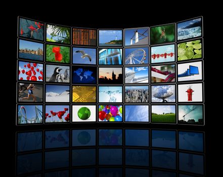 3D panel / Wall of flat tv screens, including images, isolated on black. With 2 clipping paths : global scene clipping path and screens clipping path.