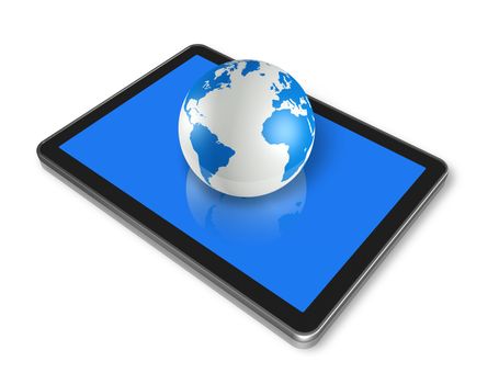 three dimensional digital tablet pc and world globe isolated on white whith clipping path