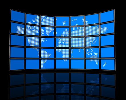 3D video wall of flat tv screens with world map, isolated on black. With 2 clipping paths : global scene clipping path and screens clipping path to place your designs or pictures