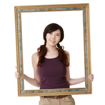 Wooden frame with young woman, closeup portrait on white background.
