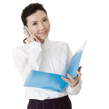 Young business woman talking on cellphone and holding document with smiling face.