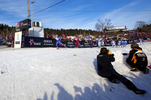 FIS Nordic World Ski Championship 50km. Marcus Hellner, Petter Northug jr and Sergej Sjirjajev in the lead group March 06, 2011 in Holmenkollen, Oslo, Norway