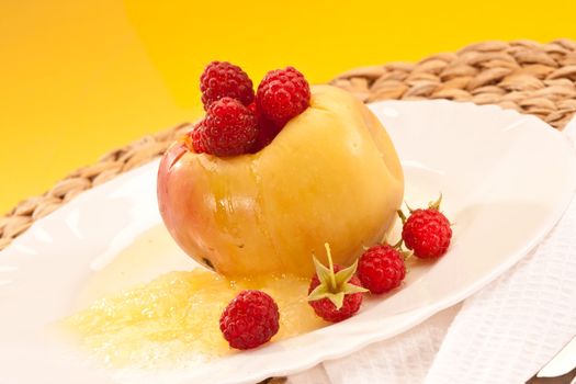 food series: macro picture of sweet apple with raspberries