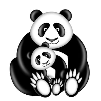 Mother and Baby Panda Bear Hugging Illustration Isolated on White Background