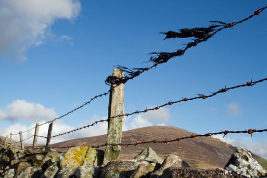 Old barbed wire fence, rusty, with black plastic, attached to wooden posts on a stone wall with lichen.